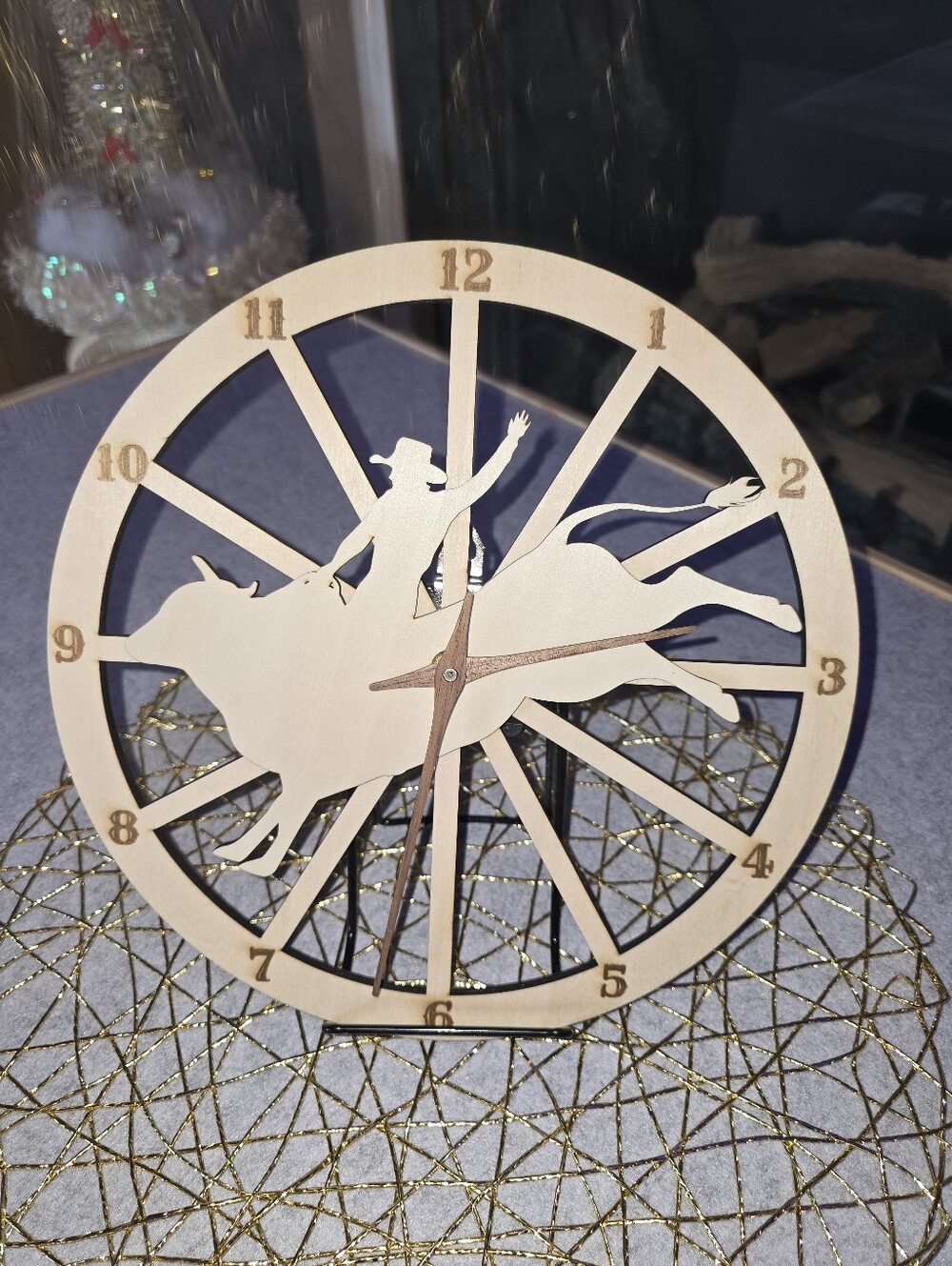 Lasered 10 Inch Wooden Rodeo Bull Rider Wall Clock - Natural Finish